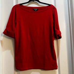 Lauren Ralph Lauren Red Boat Neck Tee XL Roll Up sleeve Armpit To Armpit 19”